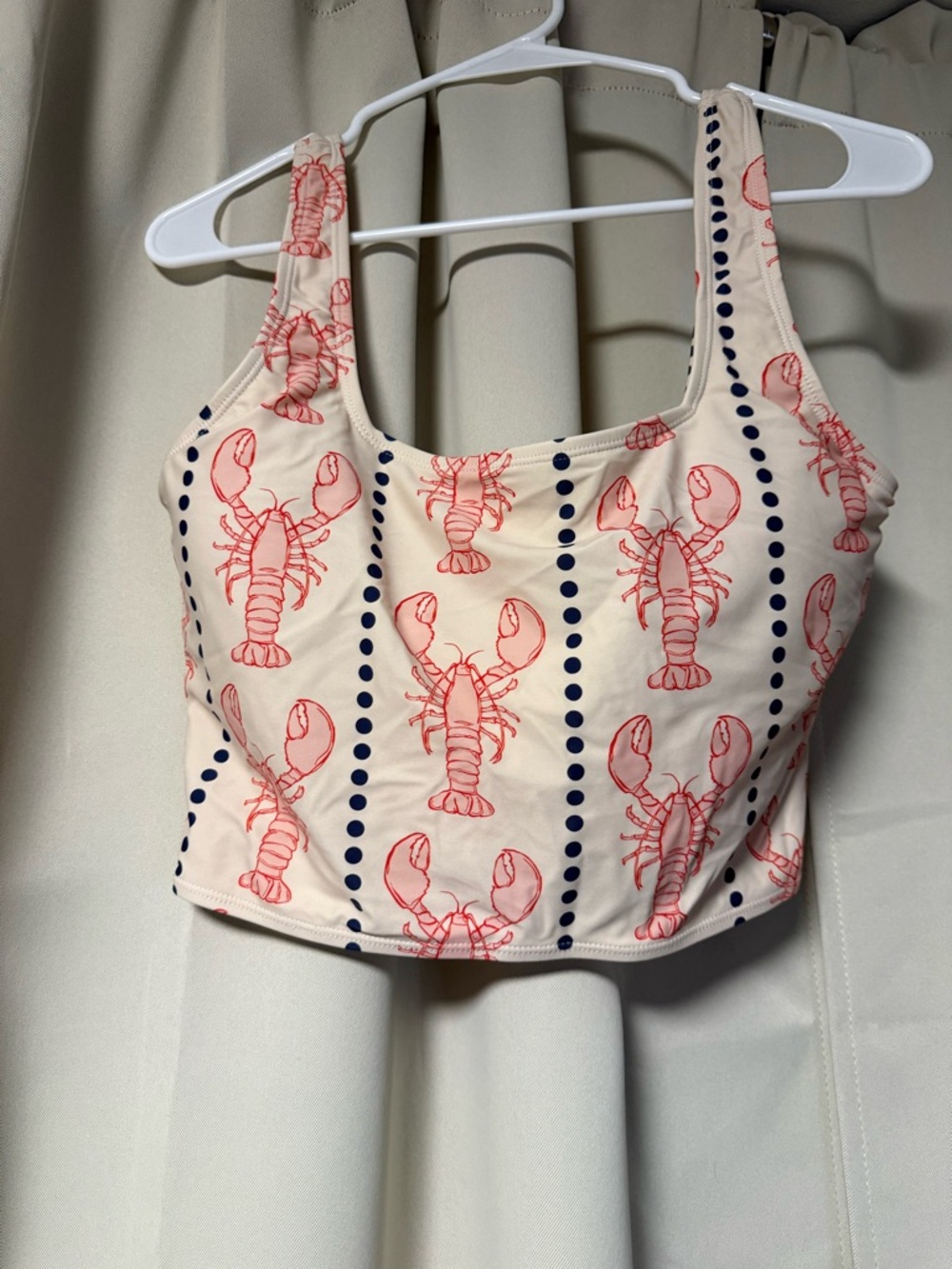 Coral Reef Cream Lobster Print Tankini Top with Navy Dot Stripes